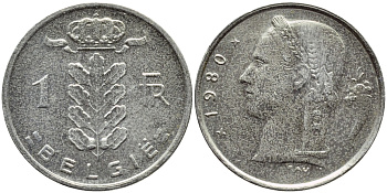 БЕЛЬГИЯ 1 ФРАНК 1980 BELGIE KM 143.1 медно-никель 3999-256