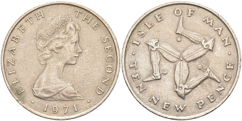 Остров Мэн 10 пенсов 1971 герб KM 22 медно-никель 3855-1231