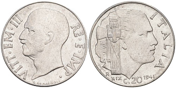 ИТАЛИЯ 20 ЧЕНТЕЗИМО 1941 R, ГОД XIX, ВИКТОР ЭММАНУИЛ III (1900-1946) KM 75b, VEM3. 1028 нержавеющая сталь 3853-622