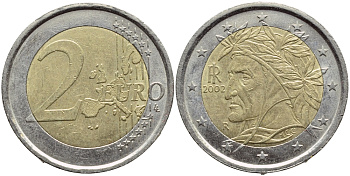 Италия 2 евро 2002 Данте Алигьери KM 217 биметалл 4397-554