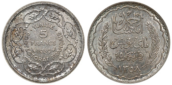 Тунис 5 франков 1939 AH 1358, французский протекторат, в слабе NNC MS 62 KM 264 серебро UNC 15-010-18