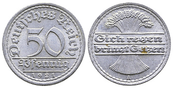 Германия 50 пфеннигов 1921 A KM 27, J.301, Weege 10 алюминий 4380-832