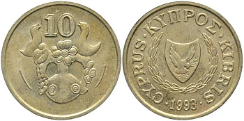 КИПР 10 ЦЕНТОВ 1993 ПТИЧКИ НА ВАЗЕ KM 56.3 никель латунь 113-745