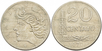 Бразилия 20 сентаво 1970 голова Свободы влево KM 579.2, Schon 84a медно-никель 3718-531