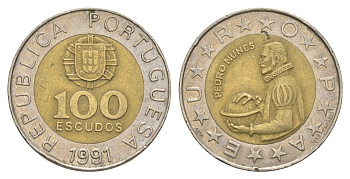 Португалия 100 эскудо 1991 Педру Нуниш (1502-1578), математик KM 645 биметалл 4388-521