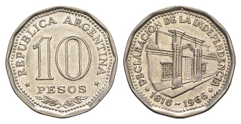 Аргентина 10 песо 1966 150 лет Декларации о Независимости KM 62 сталь плакированная никелем 4637-335