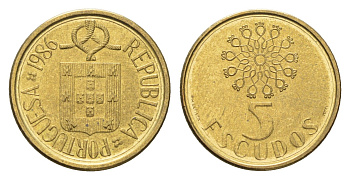 Португалия 5 эскудо 1986 KM 632 никель латунь UNC 4679-536