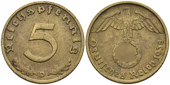 Германия 5 рейхспфеннигов 1938 D KM 91, J. 363 алюминиевая бронза 4151-838