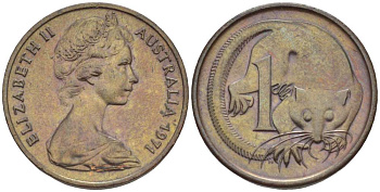 АВСТРАЛИЯ 1 ЦЕНТ 1971 ЕЛИЗАВЕТА II (1952-) МОЛОДОЙ ПОРТРЕТ, ОПОССУМ KM 62 бронза 4516-628