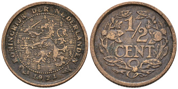 Нидерланды 1/2 цента 1921 Вильгельмина (1890-1948) KM 138 бронза 1528-311