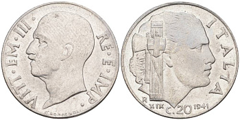 ИТАЛИЯ 20 ЧЕНТЕЗИМО 1941 R, ГОД XIX, ВИКТОР ЭММАНУИЛ III (1900-1946) KM 75b, VEM3. 1028 нержавеющая сталь 3853-855