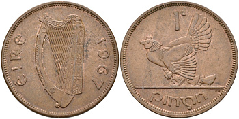 Ирландия 1 пенни 1967 курица с цыплятами KM 11 бронза 88-846