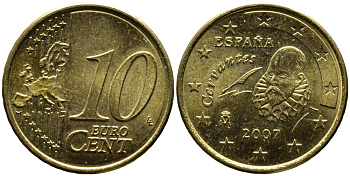 ИСПАНИЯ 10 ЕВРОЦЕНТОВ 2007 KM 1070 латунь 4391-157