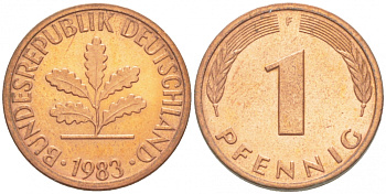 ФРГ 1 ПФЕННИГ 1983 F KM 105 J 380 сталь плакированная медью 3718-231