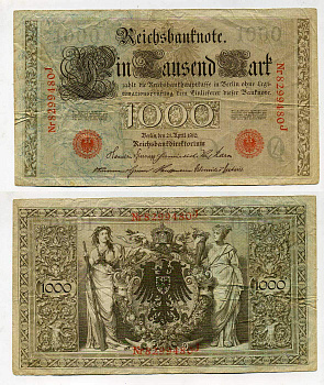 Германия 1000 марок 1910 красная печать, 7 значный номер Pick 44 b  бумага   8610-40-1-2