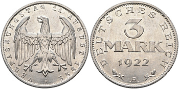 Германия 3 марки 1922 A, третья годовщина Веймарской Конституции KM 29, J.303 алюминий UNC 4587-141