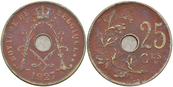 БЕЛЬГИЯ 25 САНТИМОВ 1927 BELGIQUE KM 68.1 медно-никель 4546-152