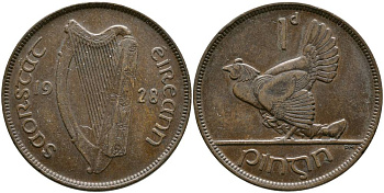 Ирландия 1 пенни 1928 курица с цыплятами KM 3 бронза 4531-622