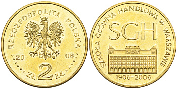 Польша 2 злотых 2006 MW, 100 лет Варшавской школы экономики KM 609 латунь 4586-1231