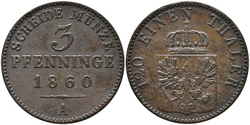 ПРУССИЯ 3 ПФЕННИГА 1860 А, ФРИДРИХ ВИЛЬГЕЛЬМ IV (1840-1861) KM 453 медь 4448-1125