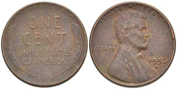 США 1 ЦЕНТ 1956 D, ЛИНКОЛЬН KM А132 медь цинк 3309-1159