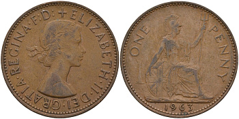 Великобритания 1 пенни 1963 Елизавета II (1952-2022) КМ 897, Spink 4157 бронза 4144-926