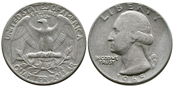 США 25 центов (квотер) 1965 Вашингтон KM 164а медь плакированная медно-никелем 51-4835