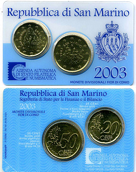 Сан-Марино набор из 2 монет 20 И 50 евроцентов 2003 в оригинальном буклете, запайка в пластик латунь UNC 3-4-3-50