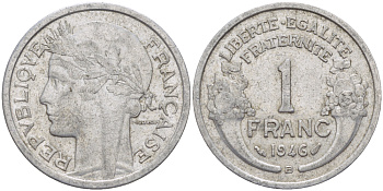 ФРАНЦИЯ 1 ФРАНК 1946 В,ТИП MORLON, LEGERE KM 885а.2, LE FRANC 221.10 алюминий 76-1013