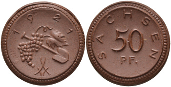 Саксония 50 пфеннигов 1921 виноград и лопата J. N 54 фарфор 1094-5-53