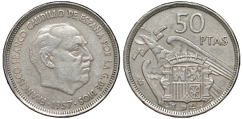 Испания 50 песет 1957 (58) Франсиско Франко (1939-1975) KM 788 медь никель цинк 4168-1123