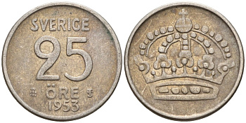 Швеция 25 эре 1953 TS, Густав VI Адольф (1950-1973) KM 824 серебро 4147-1032