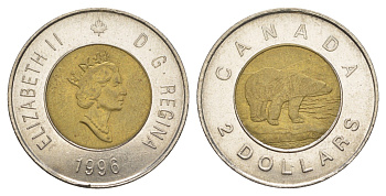 Канада 2 доллара 1996 Елизавета II (1952-2022), полярный медведь KM 270 биметалл UNC 4637-1024