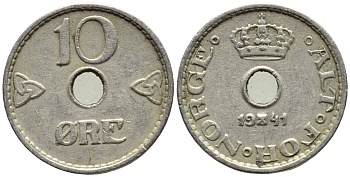 НОРВЕГИЯ 10 ЭРЕ 1941 ХОКОН VII (1905-1957) KM 383 медно-никель 4396-366