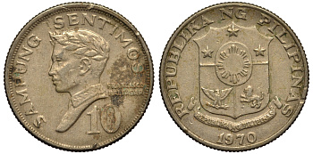 ФИЛИППИНЫ 10 СЕНТИМО 1970 ПОЭТ ФРАНСИСКО БАЛЬТАСАР KM 198 медь цинк никель VG 4181-244