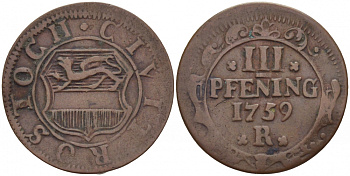 РОСТОК 3 ПФЕННИГА 1759 R KM 7 медь 1515-342