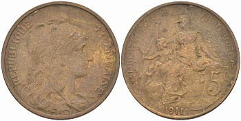 ФРАНЦИЯ 5 САНТИМОВ 1911 ТИП ДАНИЭЛЬ ДЮПЮИ KM 842, LE FRANC 119.23 бронза 108-927