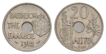 Греция 20 лепт 1912 Георг I (1863-1913), Афина KM 64 никель aUNC 4654-1055