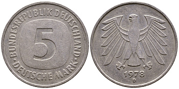 ФРГ 5 МАРОК 1978 D, KM 140.1, J. 415 медно-никель плакированный никелем 56-1043