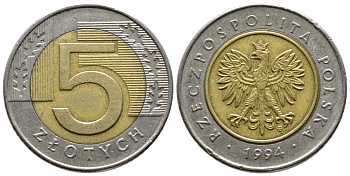 Польша 5 злотых 1994 MW KM 284 биметалл 93-1145