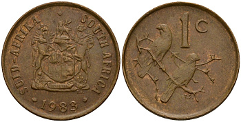 ЮАР 1 цент 1983 герб, капские воробьи KM 82 бронза 4154-1129
