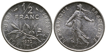 Франция 1/2 франка 1972 сеятель KM 931.1, LE FRANC 198.11 никель 26-1018