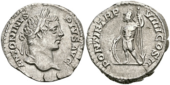 Римская Империя денарий 206 Каракалла PONTIF PM TRP VIIII COS II Марс Рим Good Very fine RIC 83 серебро 00-00-00