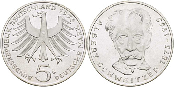 ФРГ 5 марок 1975 G, 100 лет со дня рождения Альберта Швейцара KM 143, J.418 серебро 180-1025