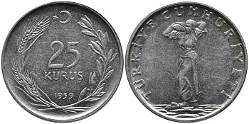ТУРЦИЯ 25 КУРУШЕЙ 1959 KM 892.1 нержавеющая сталь 4541-536