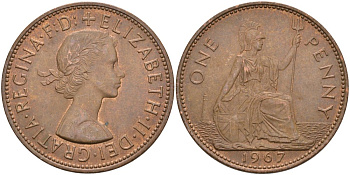 Великобритания 1 пенни 1967 Елизавета II (1952-2022) KM 897, Spink 4157 бронза 4574-322