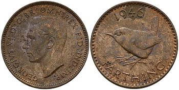 Великобритания 1 фартинг 1946 Георг VI (1936-1952) KM 843, Spink 4116 бронза 4154-1018