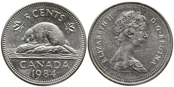 Канада 5 центов 1984 Елизавета II (1952-2022), бобер KM 60.2а медно-никель 4543-655