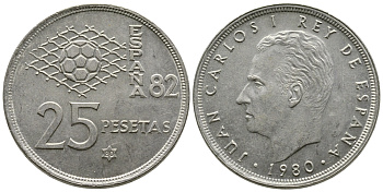 Испания 25 песет 1980 (80), чемпионат мира по футболу Испания 82 KM 818 медно-никель 4364-4222