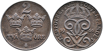 Швеция 2 эре 1944 Густав V (1907-1950), военный выпуск KM 811 железо 4388-1121